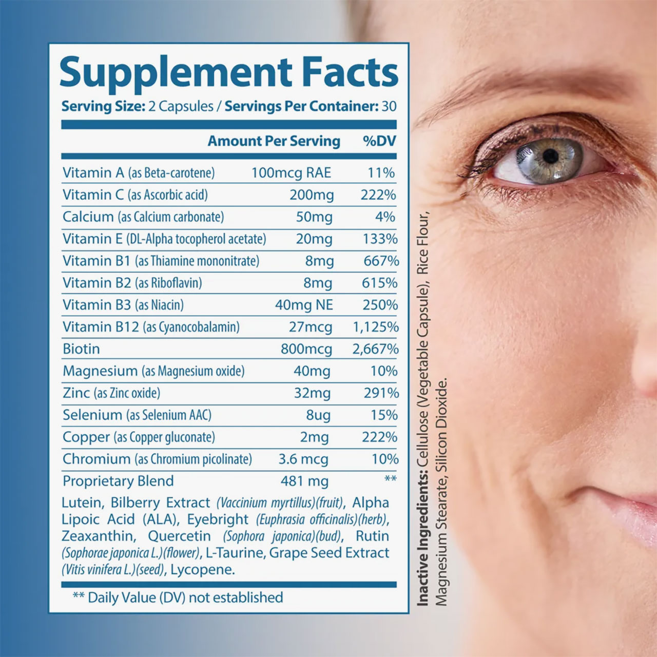 Natural Eye Health and Vision Support Vitamins Supplement Facts Label